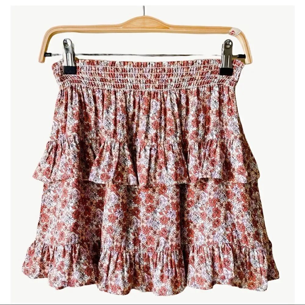 NWT Le Lis Collection Beige-Rust Floral Ruffled Tiered Womens Skirt Sz S